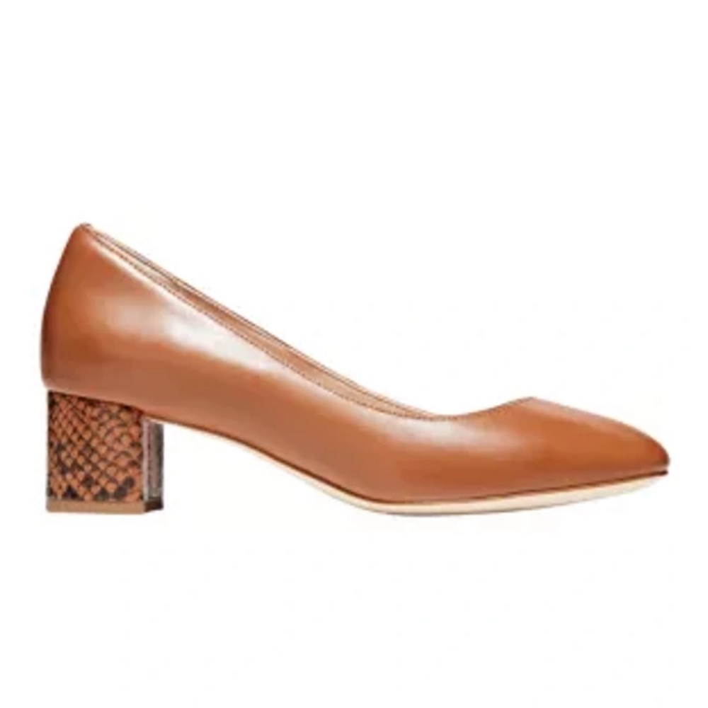 Cole Haan Leslie pump in British tan leather, snakeskin print block heel